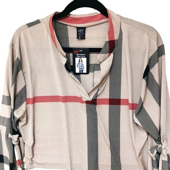 Lildy Womens Plaid Tunic Top NWT Split 3/4 Slv L XL Relax Neutral Office Casual - Picture 2 of 10